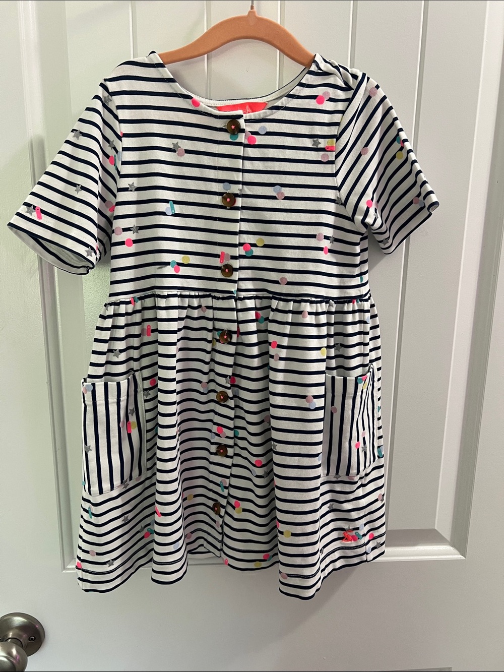 Joules White and Navy Striped Dress with Multicolor Dot Print